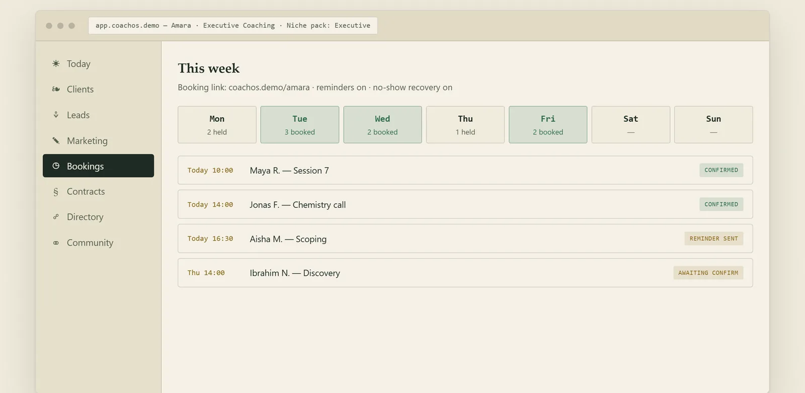 The bookings week — sessions confirmed, reminder sent, one awaiting confirmation