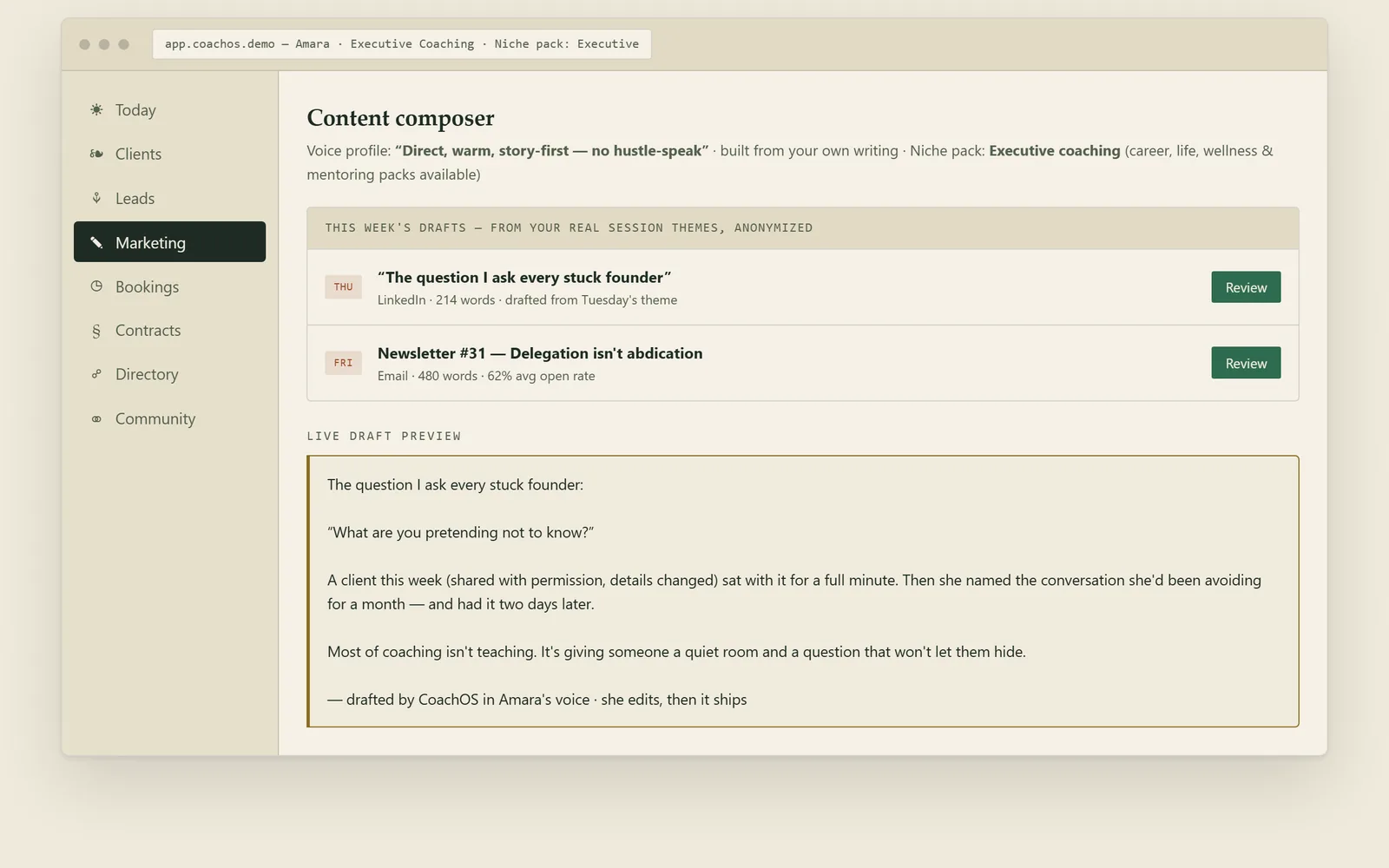 The Marketing Studio — this week's drafts in the member's voice profile, with the live draft preview